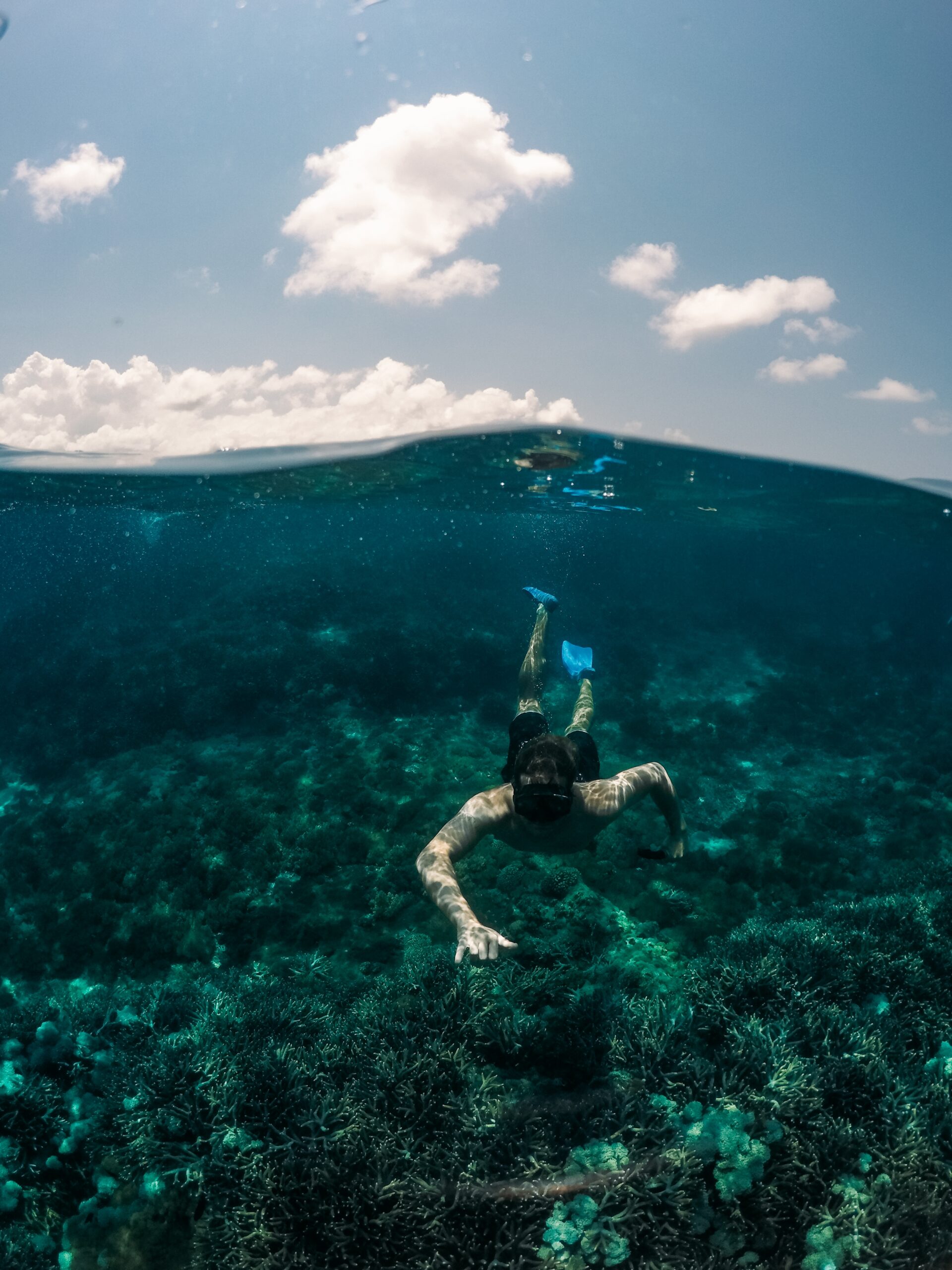 vertical shot male swimming underwater with sky background 1 scaled